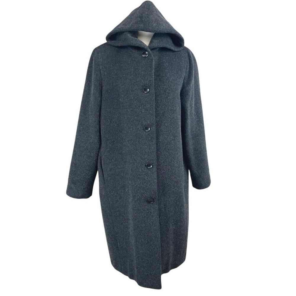 Vintage ANNE KLEIN Womens (10) Wool Mohair‎ Long Coat Hood Black Button Academia
